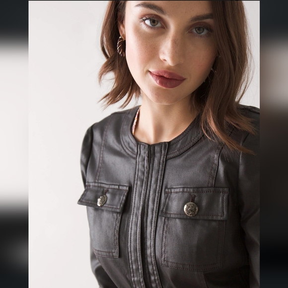 White House Black Market Fitted Coated Utility Jacket. Very dark reddish-brown. - Picture 1 of 12